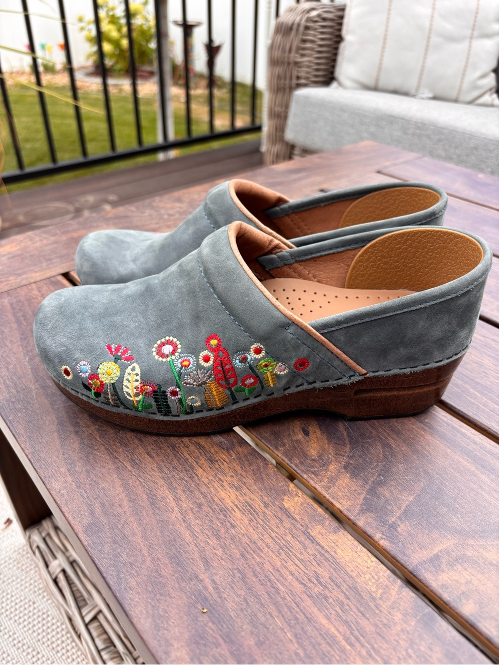 Dansko Gray Suede Floral Embroidered Clogs